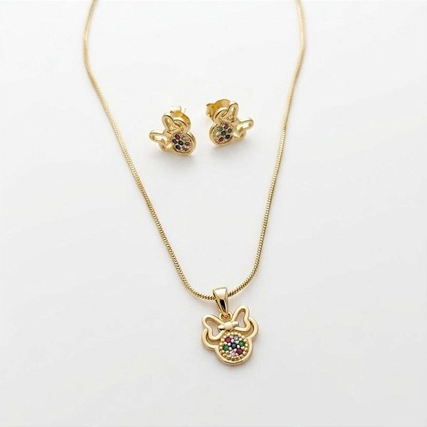 Conjunto Infantil Colar e Brinco Minnie Zircônias Coloridas Ouro 18k