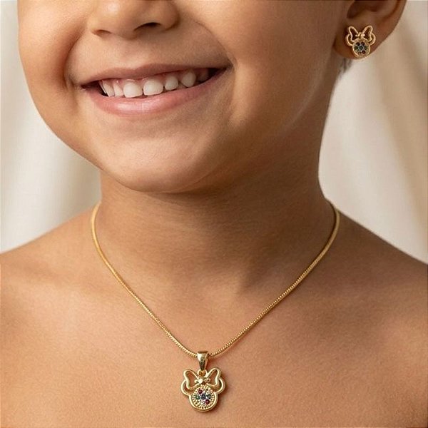 Conjunto Infantil Colar e Brinco Minnie Zircônias Coloridas Ouro 18k