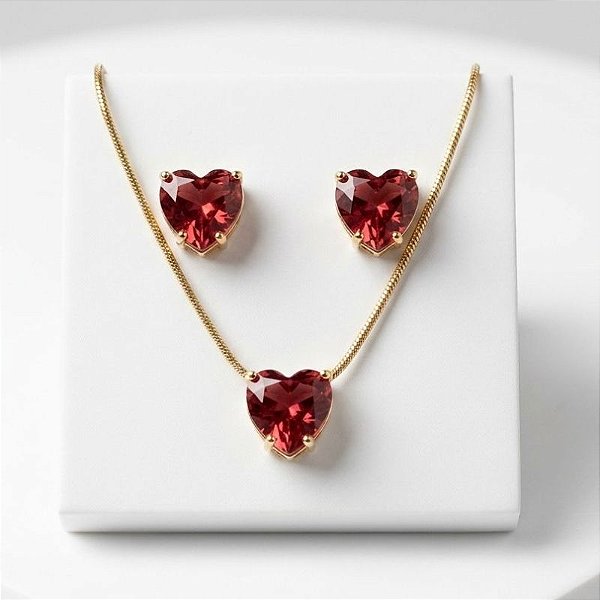 Conjunto Coração Zircônia Rubi Ouro 18k