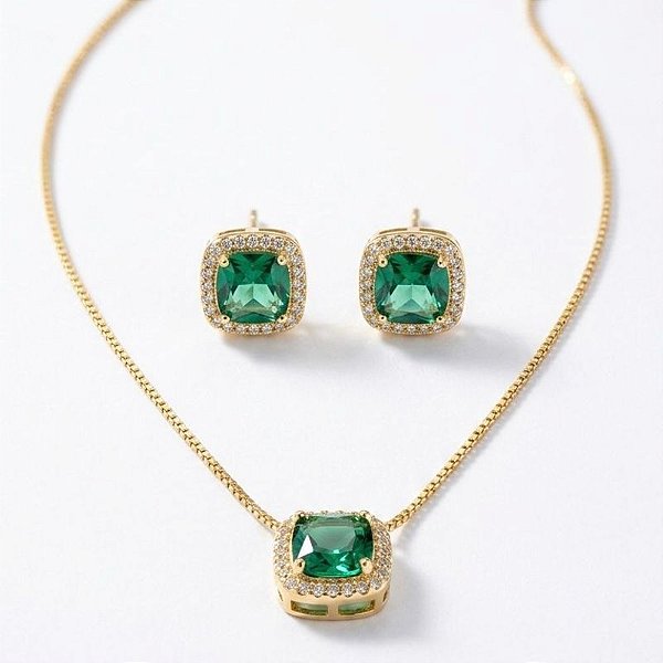 Conjunto Zircônia Esmeralda Ouro 18k