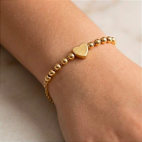 Pulseira Infantil Coração e Bolinha Ouro 18k
