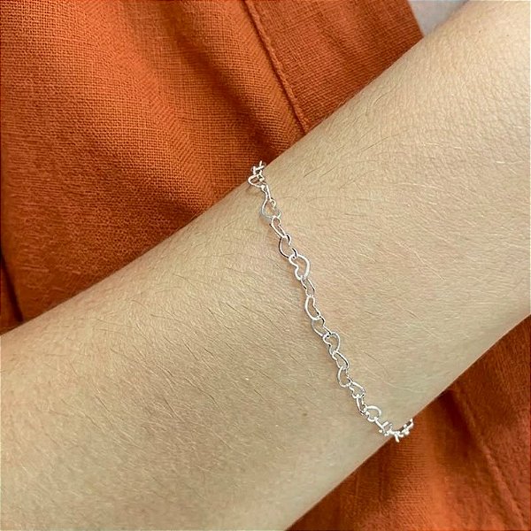 Pulseira Elos de Coração Banho Prata