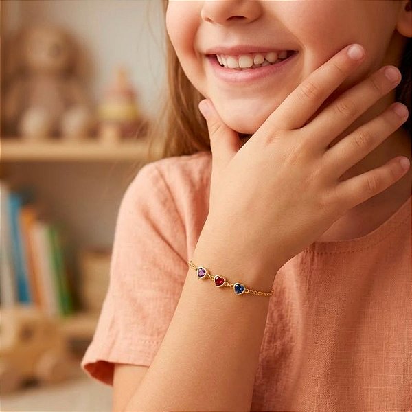 Pulseira Infantil Coração Colorido Ouro 18k