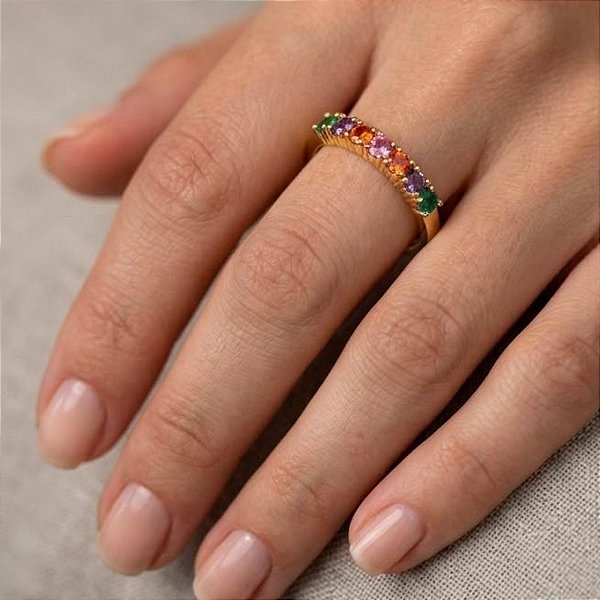Anel Meia Aliança Zircônia Colorida Banho de Ouro 18k