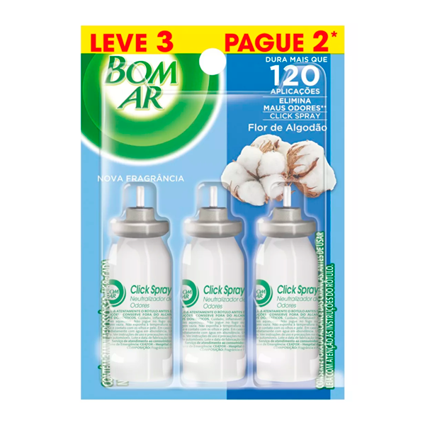 Odorizador Bom Ar Click Refil Algodão c/3 unidades de 12ml