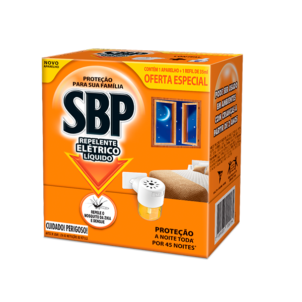 Repelente Elétrico Líquido SBP 45 Noites Aparelho e Refil Tradicional