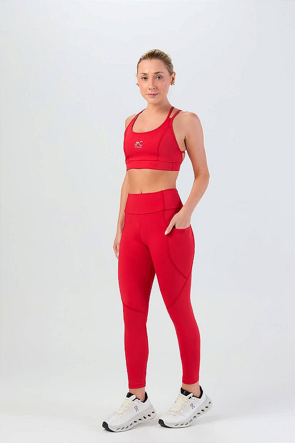Legging com Bolso Lateral e Recortes Poliamida Vermelho Rubro MC Fitness