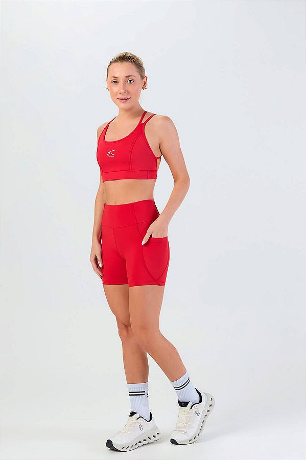 Bermuda com Bolso Lateral e Recortes Poliamida Vermelho Rubro MC Fitness