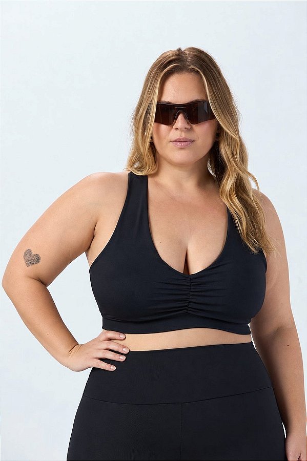 Top Franzido com Bojo Poliamida Plus Size Preto MC Fitness