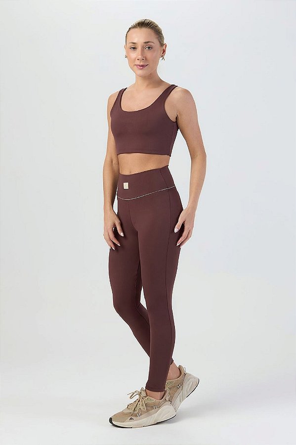 Legging Push Up Bicolor com Listra Poliamida Marrom Café MC Fitness