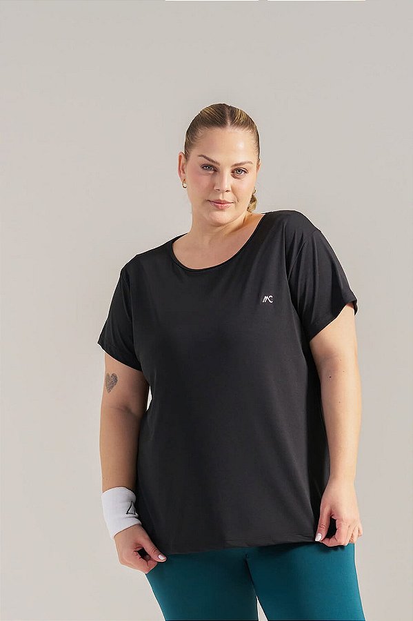 Blusa Microfibra Plus Size Preto MC Fitness
