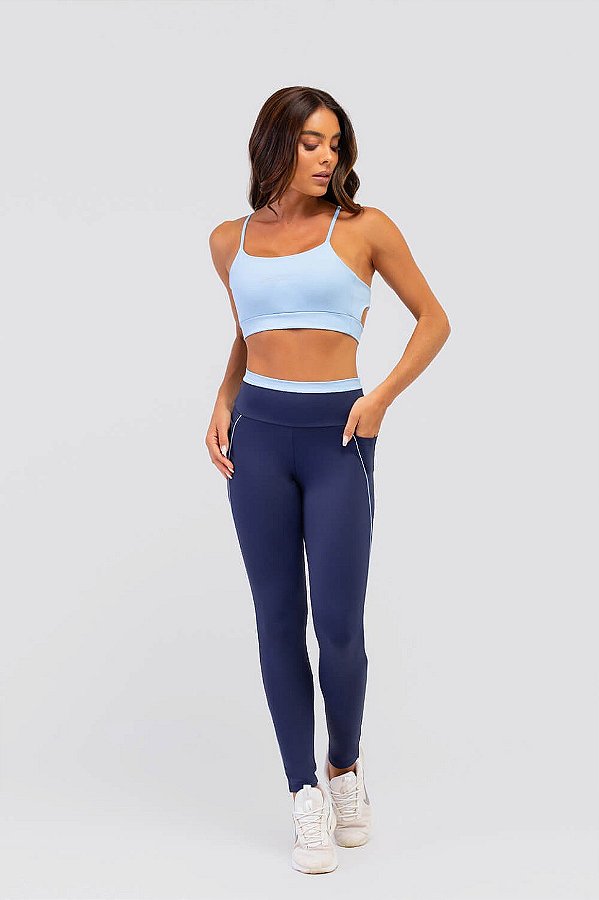 Legging com Bolso e Listra Poliamida Azul Marinho MC Fitness