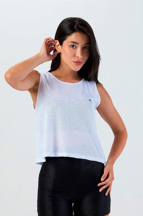 Regata Cropped Furadinho Dry Branco MC Fitness