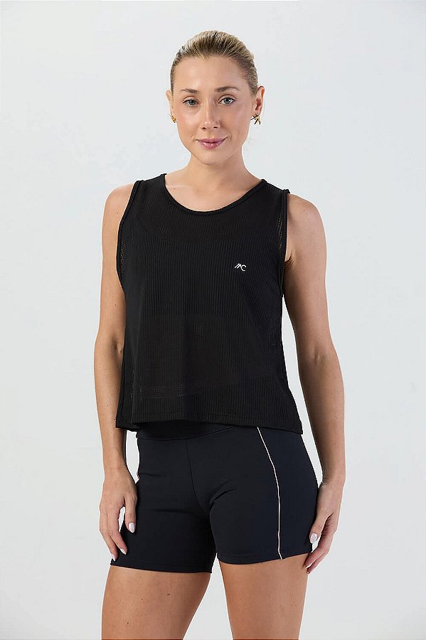 Regata Cropped Furadinho Dry Preto MC Fitness