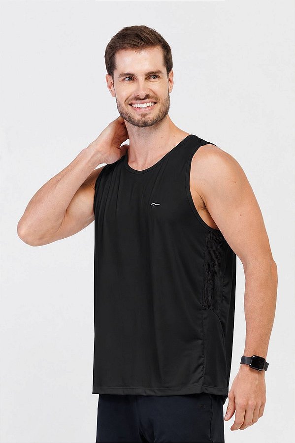 Regata Masculina com Recorte Microfibra e Furadinho Dry Preto MC Fitness