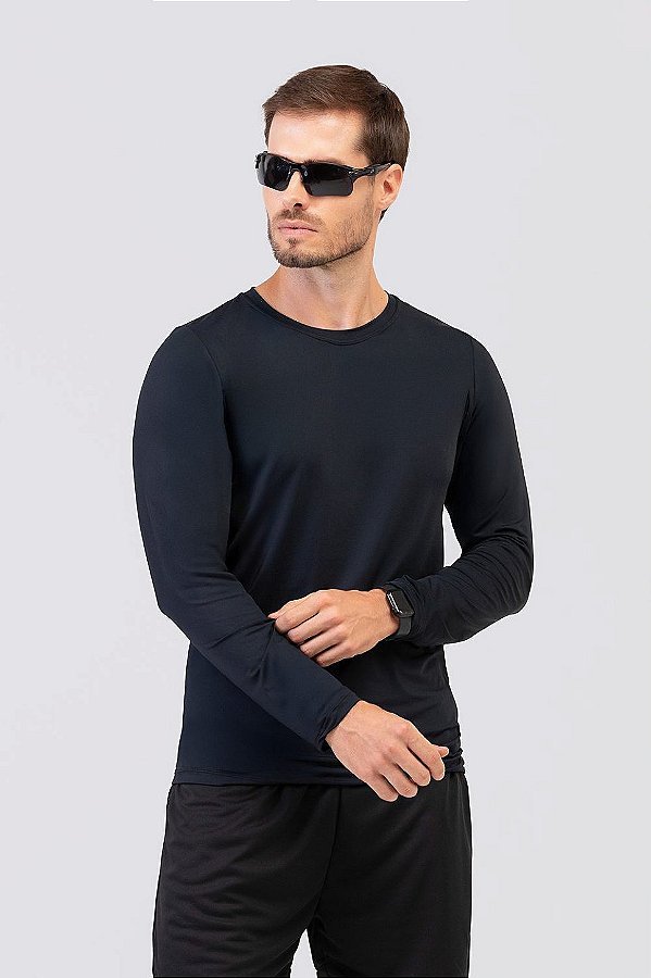 Camiseta Masculina Manga Longa UV Ice Touch Preto MC Fitness