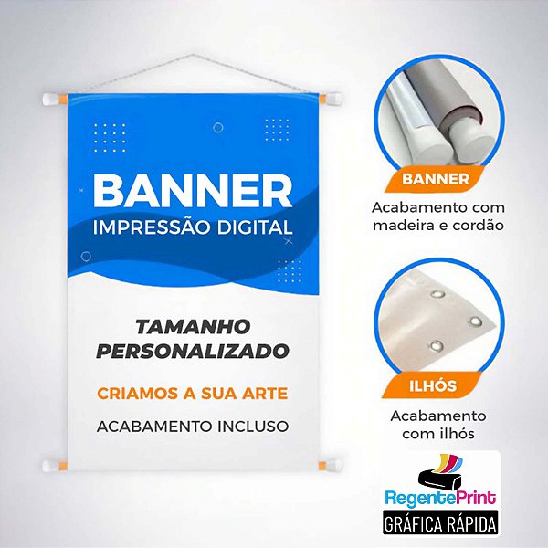 Banner impresso em lona 240g 40x60cm com fundo cinza.
