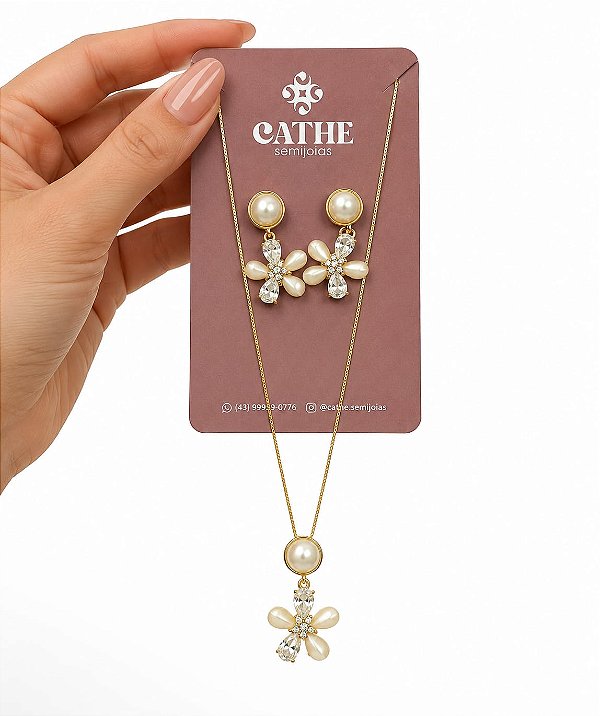 Conjunto Colar + Brinco Flor com Pedrarias -Dourado