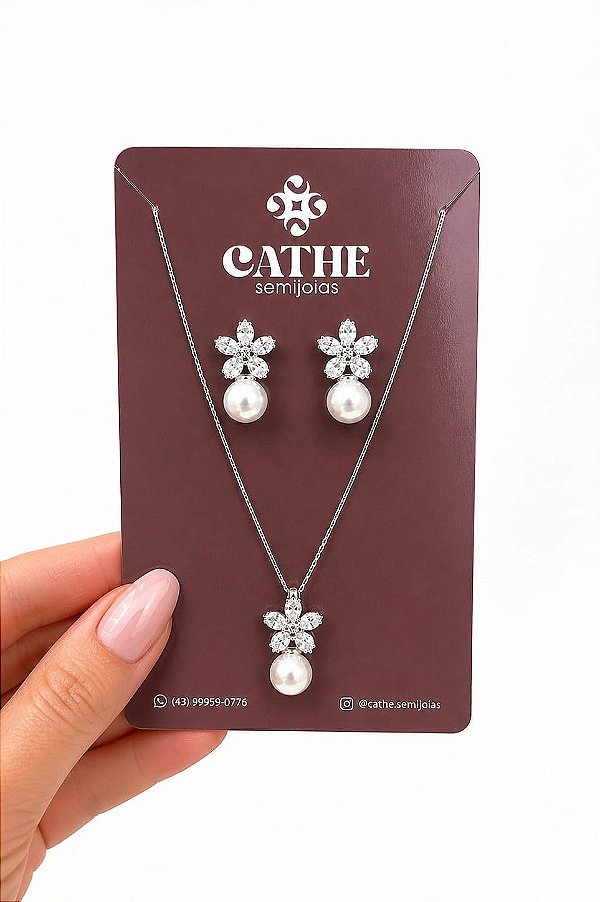 Conjunto Colar+ Brinco Flor de Zircônia com Pérolas