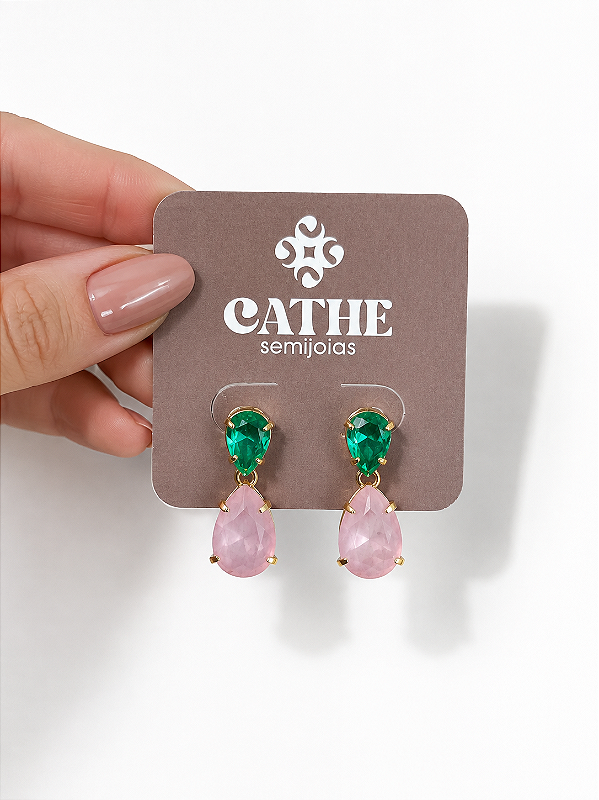 Brinco Pedras Verde/ Rosa