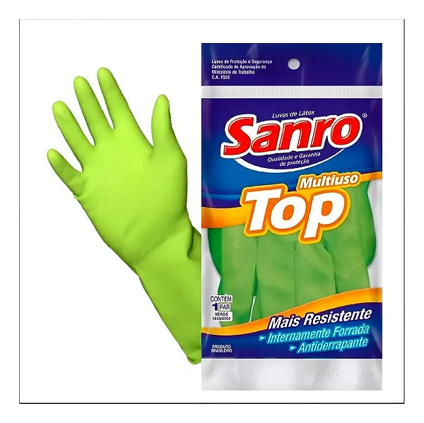 Luva Látex Sanro Top Multiuso Verde Tamanho P,M,G,GG