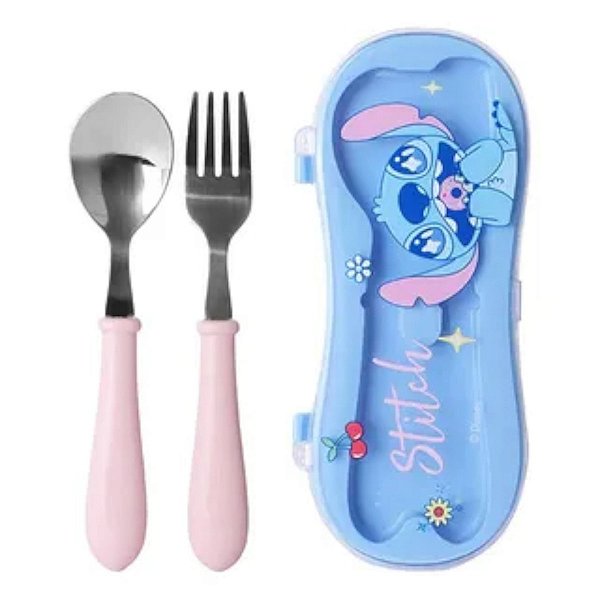 Kit Talheres Inox Infantil Estojo Stitch Azul Miniso Disney