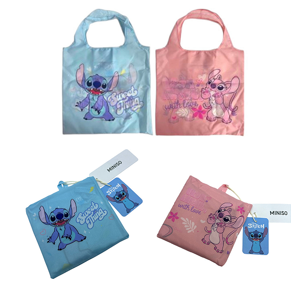 Sacola Ecobag Dobrável Reutilizável Stitch & Angel Miniso