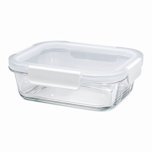 POTE VIDRO RETANGULAR 640ML TRAVAS LATERAIS BRANCO MINISO