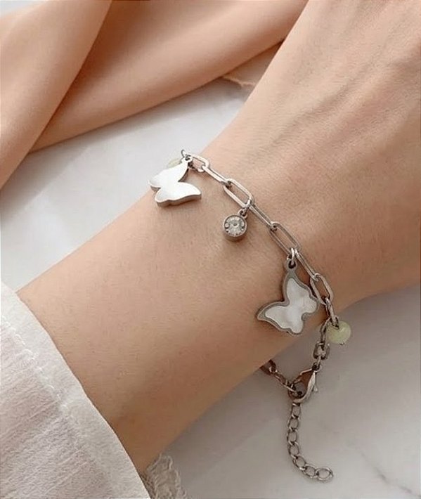 PULSEIRA CORRENTE PINGENTES BORBOLETA LISA E MADREPÉROLA AÇO 316L⭐️