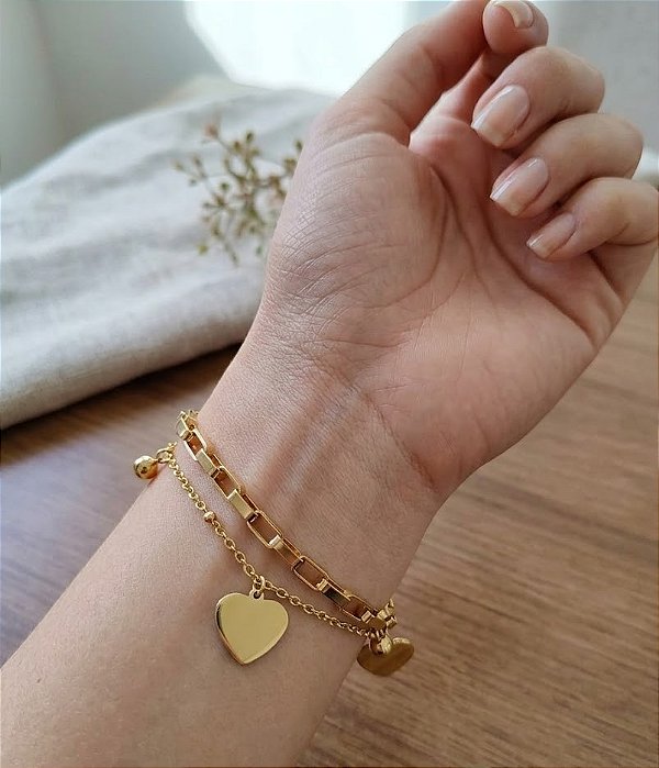 PULSEIRA DUPLA ELO QUADRADO E CORRENTE BOLINHA CORAÇÃO LISO AÇO DOURADO 316L⭐️