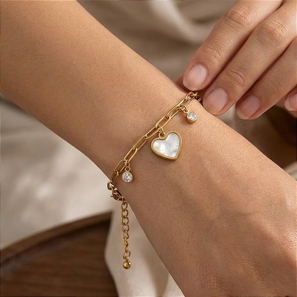 Pulseira Corrente Pingente Coração Madre Pérola Cristal Aço Dourado 316L⭐️
