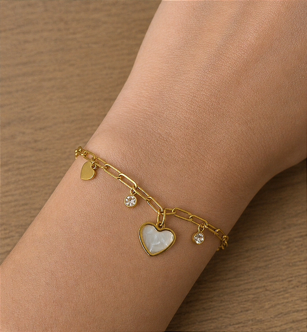 PULSEIRA CORRENTE PINGENTE CORAÇÃO MADREPÉROLA CRISTA AÇO DOURADO 316L⭐️