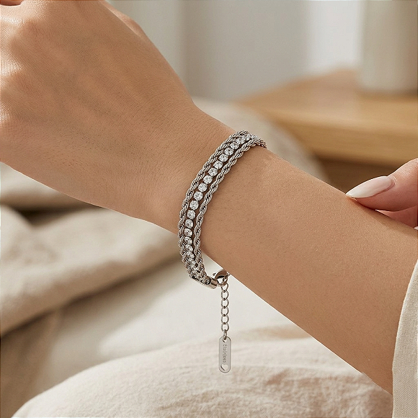 Pulseira Tripla Cordão Baiano Strass Aço Inoxidável Prata 316L⭐️