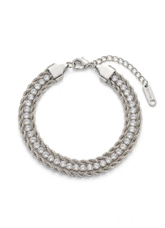 PULSEIRA TRIPLA CORDÃO BAIANO STRASS AÇO PRATA 316L⭐️