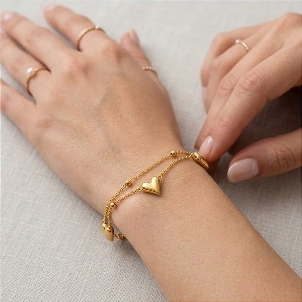 Pulseira Dupla Corrente Esfera Coração Liso Aço Dourado 316L⭐️
