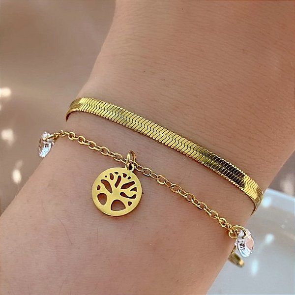 PULSEIRA CORRENTE DUPLA FITA FINA E ÁRVORE DA VIDA DOURADO AÇO 316L⭐️
