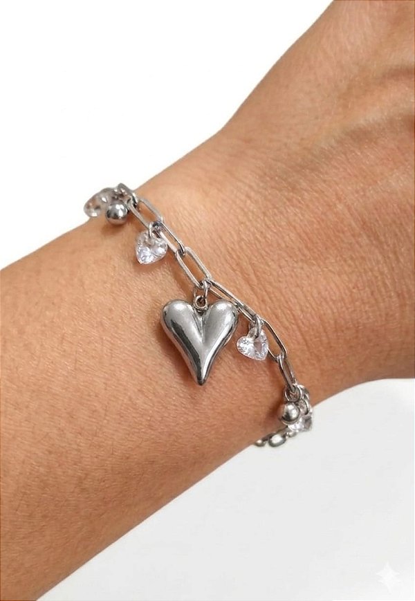 PULSEIRA CORRENTE PINGENTE CORAÇÃO ESFERA CRISTAL AÇO PRATA 316L⭐️