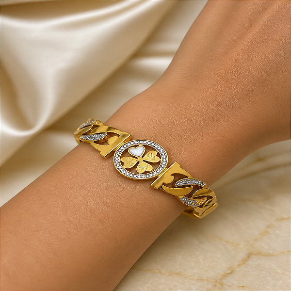 BRACELETE TREVO COM DETALHE CRAVEJADO E BRANCO AÇO 316L⭐️