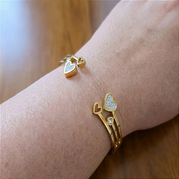 BRACELETE CORAÇÃO CRAVEJADO E VAZADO PEDRA CRISTAL AÇO 316L⭐️