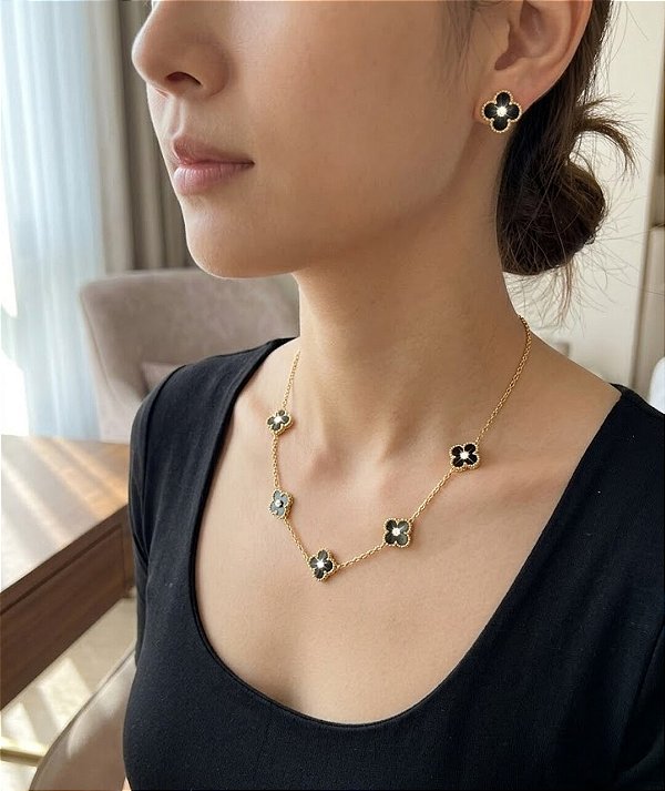 CONJUNTO COLAR BRINCO TREVO CRISTAL AÇO DOURADO 316L⭐️