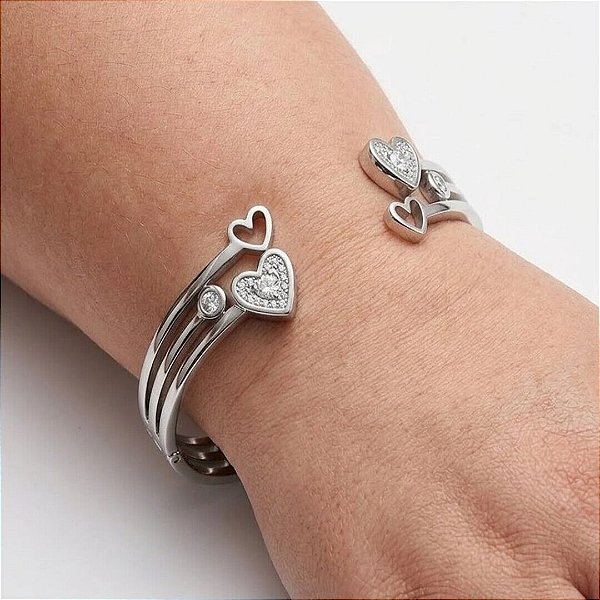 Bracelete Coração Cravejado E Vazado Pedra Cristal Aço Prata 316L⭐️