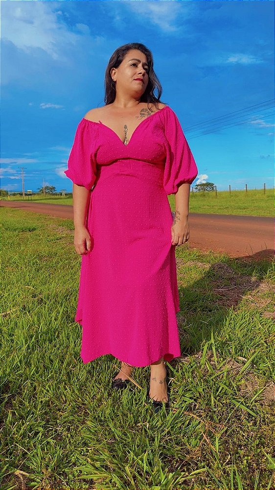Vestido Fluido Pink em Crepe Duna Poá Pipoca