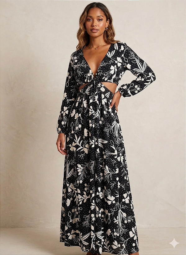 Vestido longo estampado com brilho