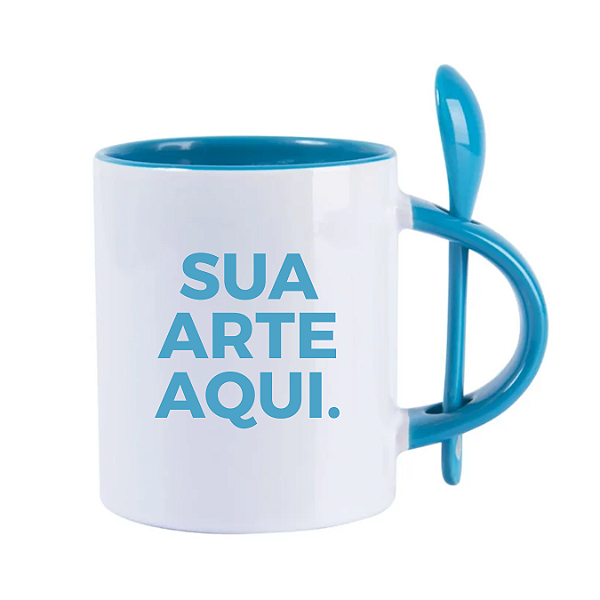 Caneca de Cerâmica Azul com Colher 325ml
