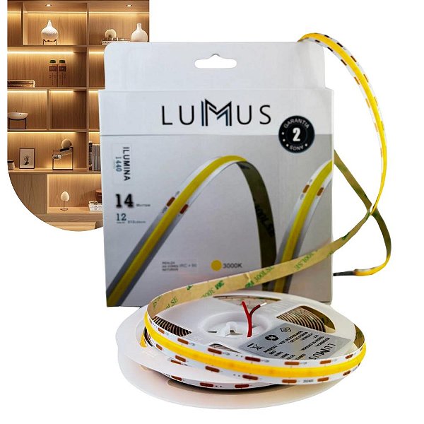 Fita LED COB 5 metros 14W/m Luz Quente 3000K 12V IRC90 1440lm (COB512-04)