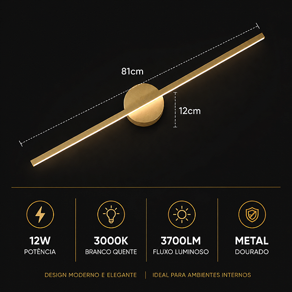 ARANDELA 81×12CM 12W 3000K 3700LM BIVOLT METAL DOURADO+ACRILICO