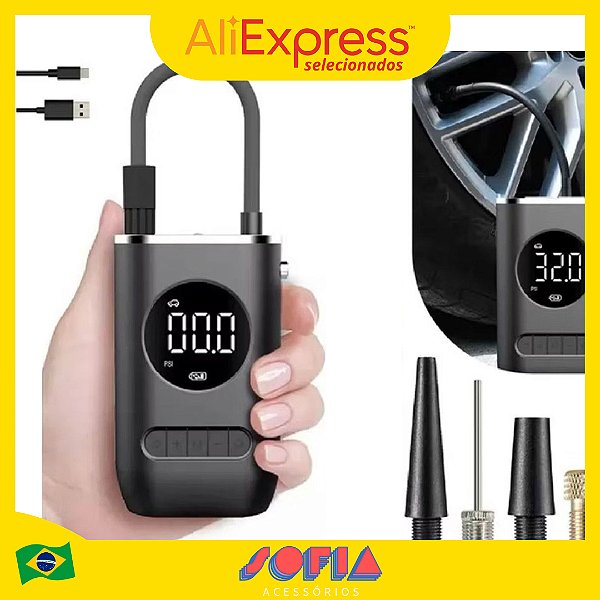 Mini Compressor de Ar Portátil Digital USB Recarregável Calibrador de Pneus Comp