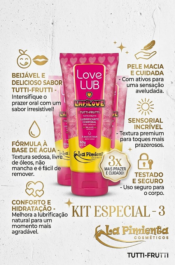 Kit 3 Gel Lubrificante Beijável Tutti Fruit