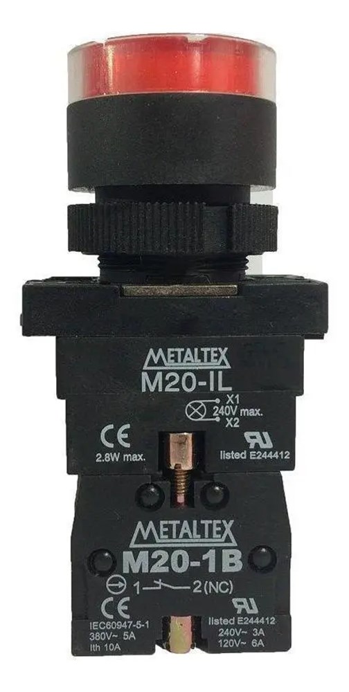 BOTÃO METALTEX PULSADOR ILUMINADO 220V 1NA+1NF VERMELHO