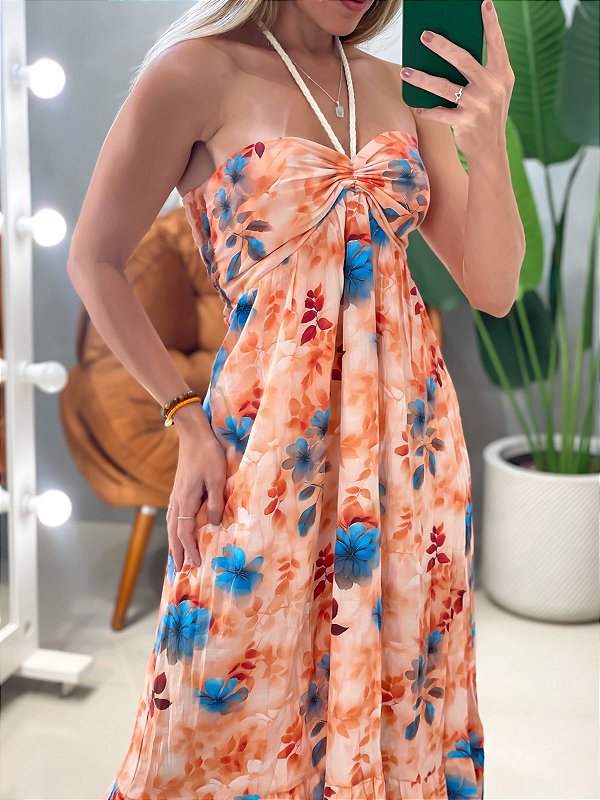 Vestido Midi em Viscose Frente Única Estampa 3D Marcela